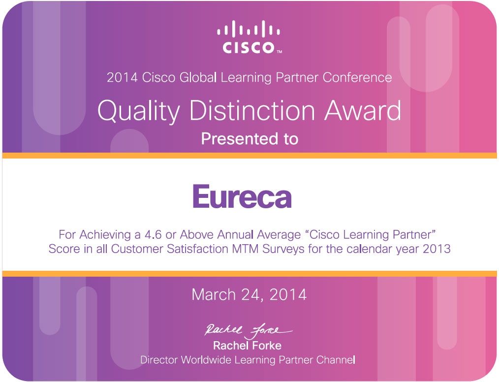 Сертификат УЦ ЭВРИКА, которым наградила Cisco в 2014
