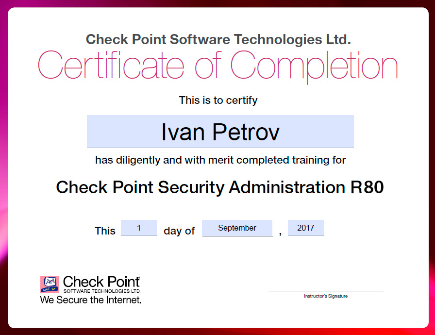 Сертификат слушателя курсов Check Point