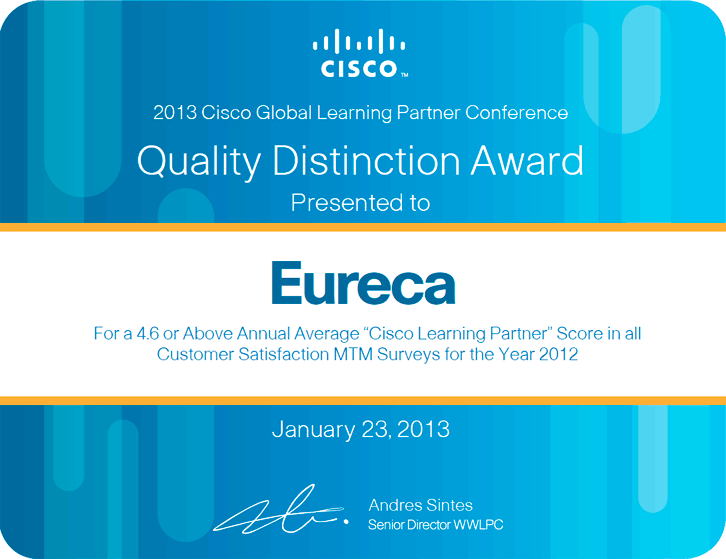Сертификат УЦ ЭВРИКА, которым наградила Cisco