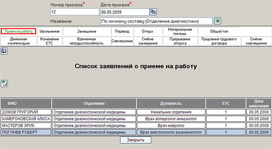 Список заявлений о приему на работу